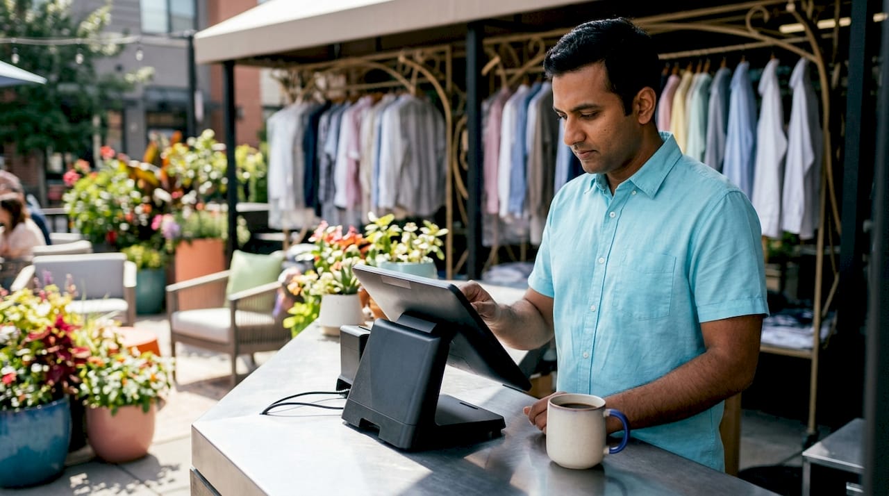 Man using POS system in dry cleaning shop