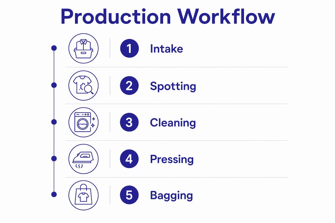 Infographic showing dry cleaning production workflow stations
