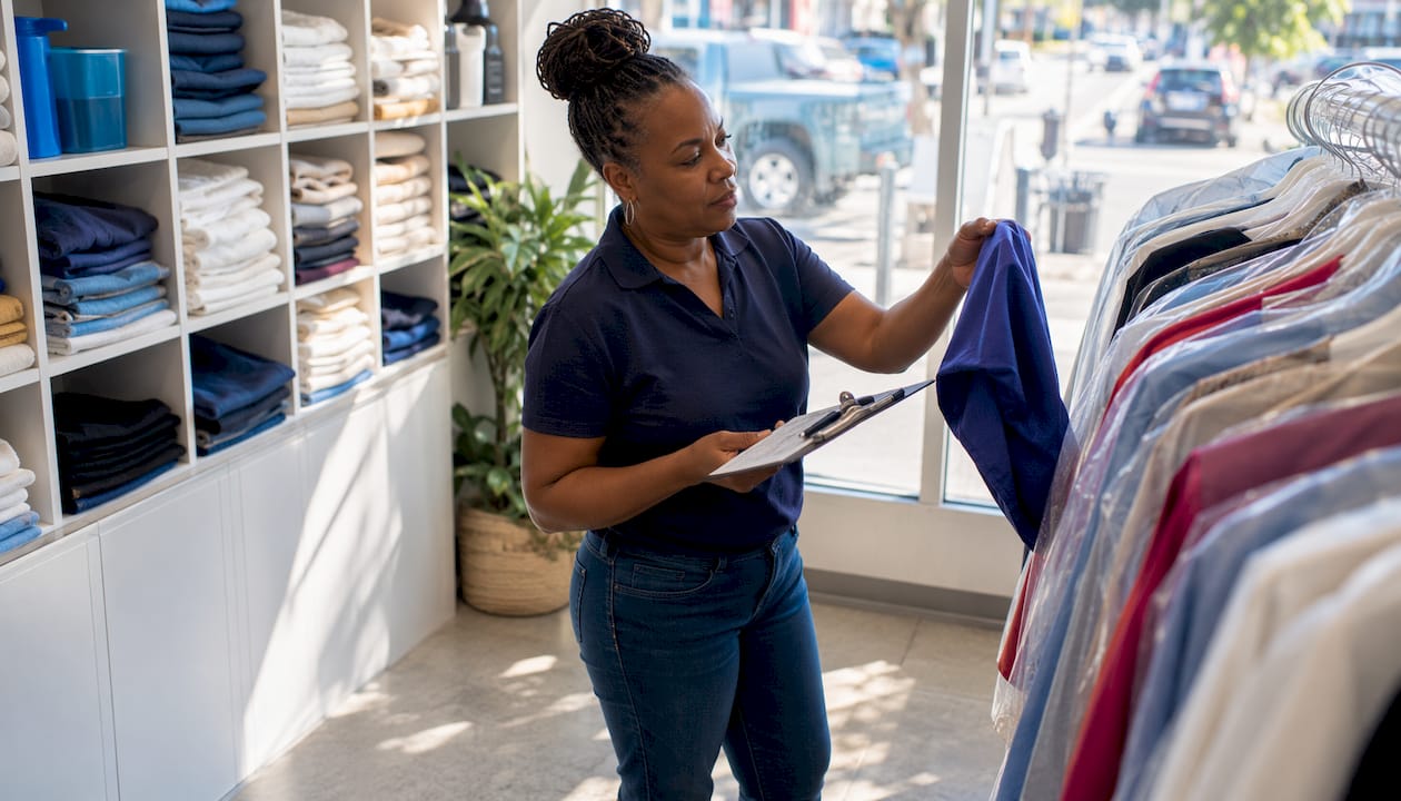 Laundromat owner scanning dry cleaning racks
