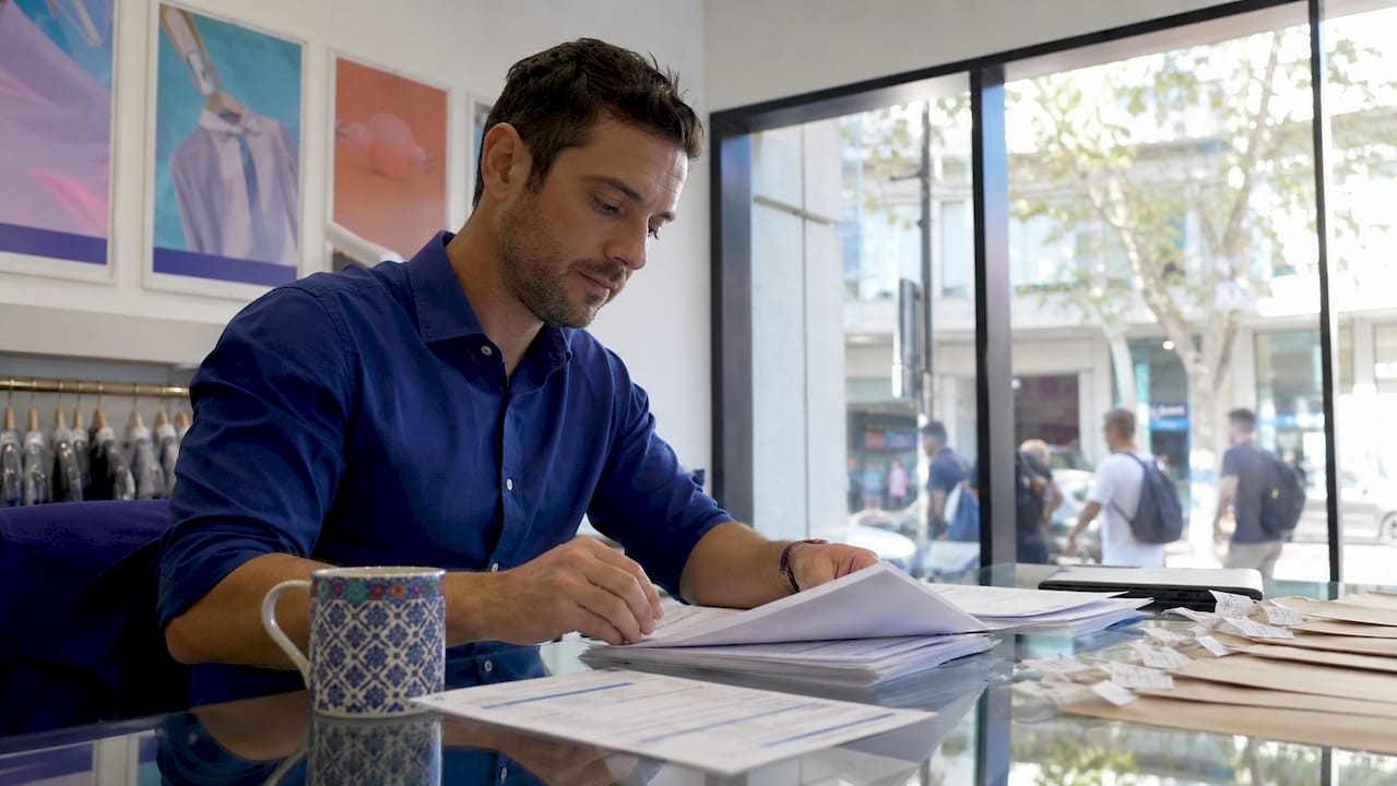Dry cleaning manager reviewing reports at desk
