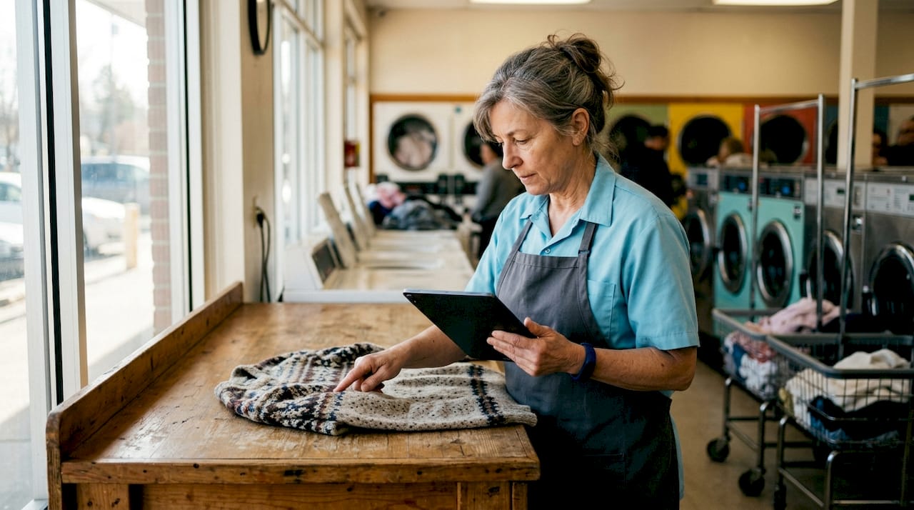 Attendant photographing garment at laundromat counter