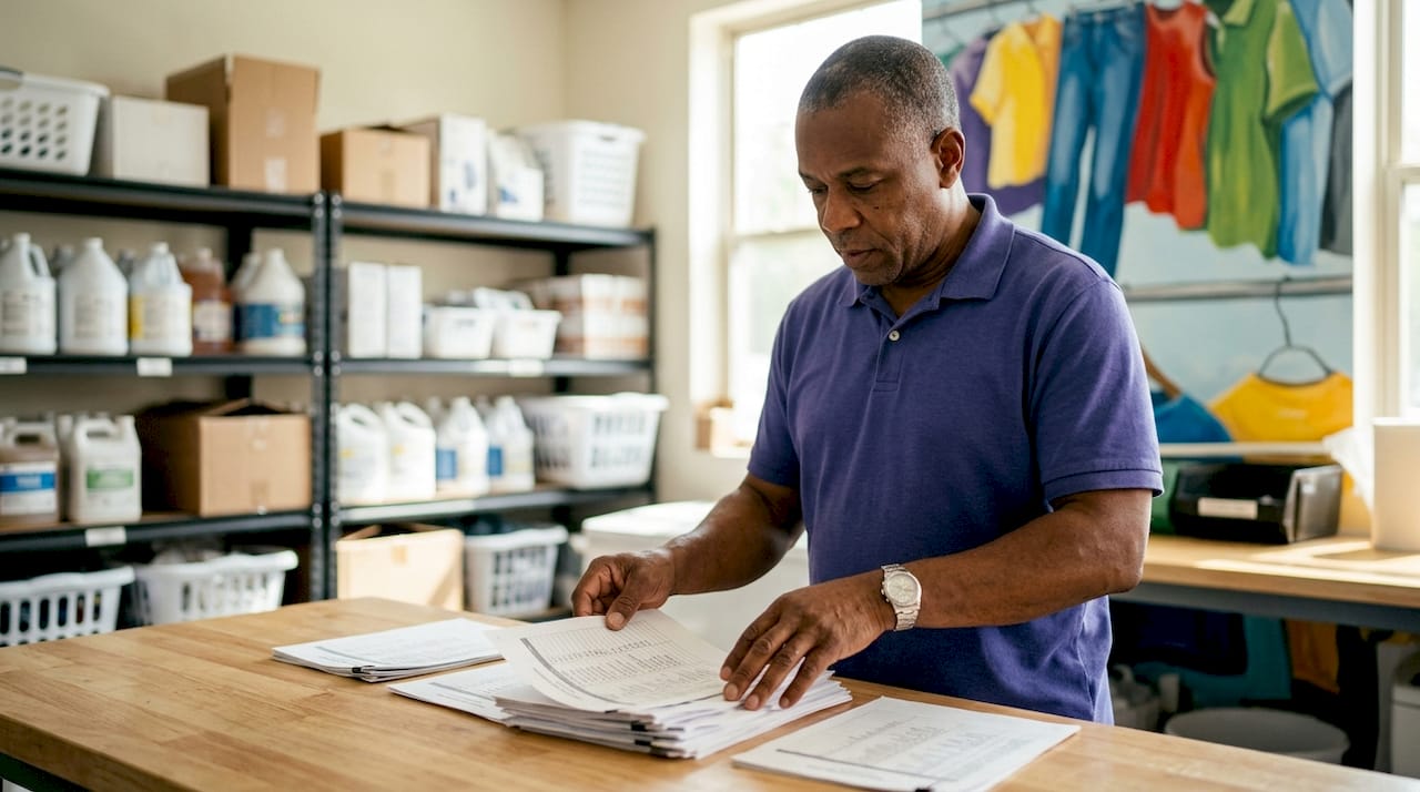 Operations manager hands sorting laundromat paperwork