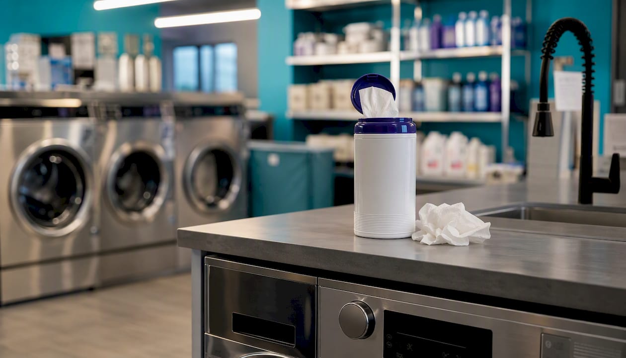 Sanitizing wipes and paper towel by washing machine in laundromat