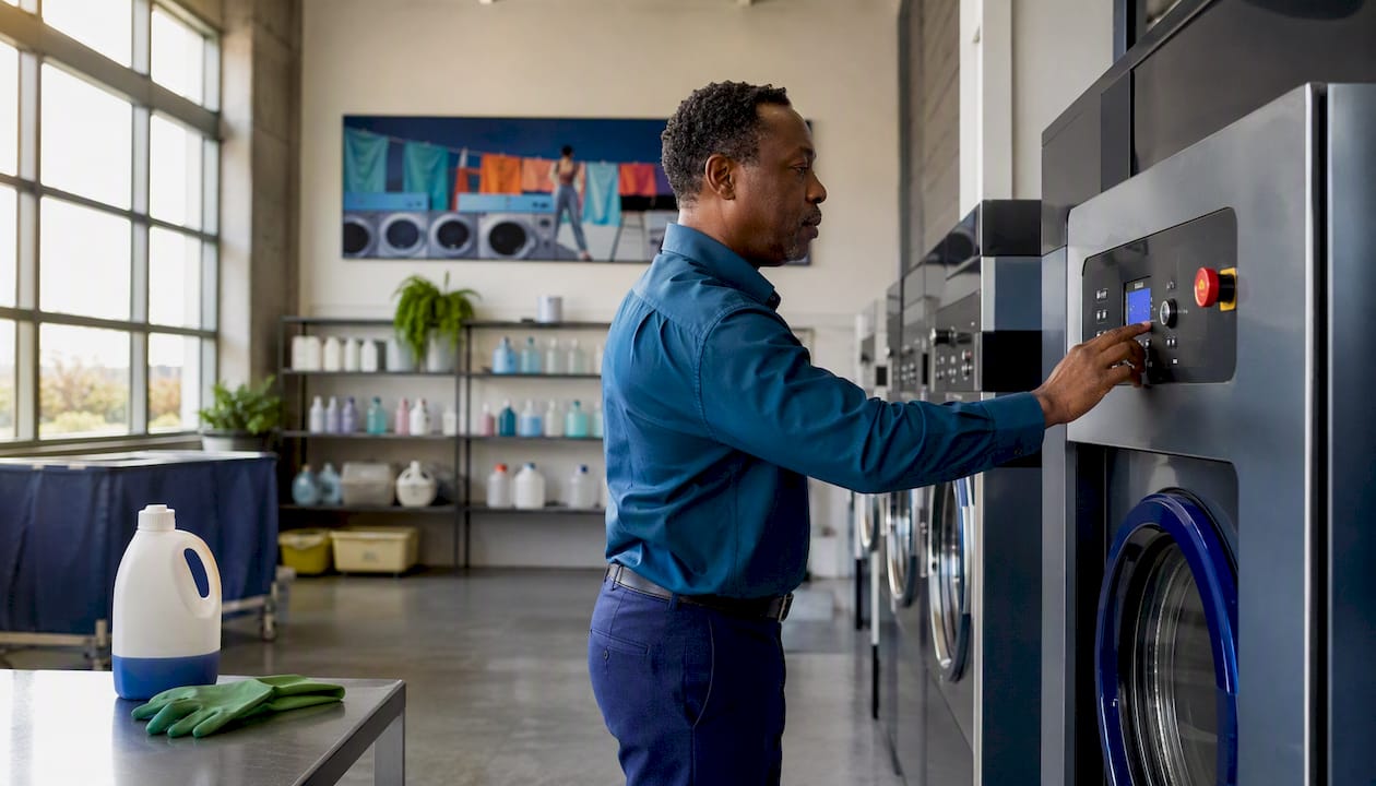 Hands adjusting dry wash machine controls