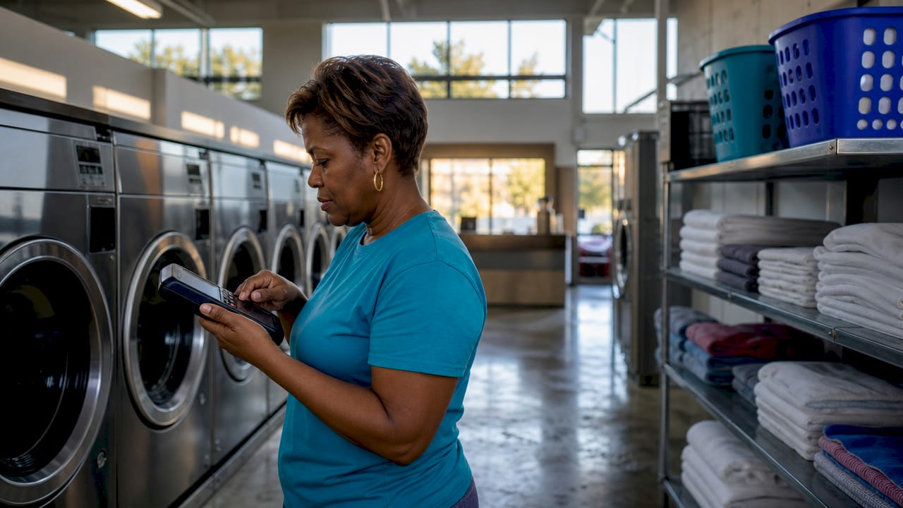 Laundromat owner operates payment terminal
