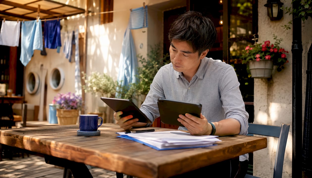 Laundromat owner comparing POS systems on tablets