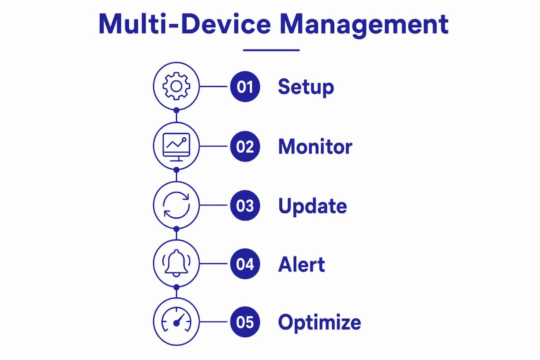 Infographic showing five steps of laundromat multi-device management process