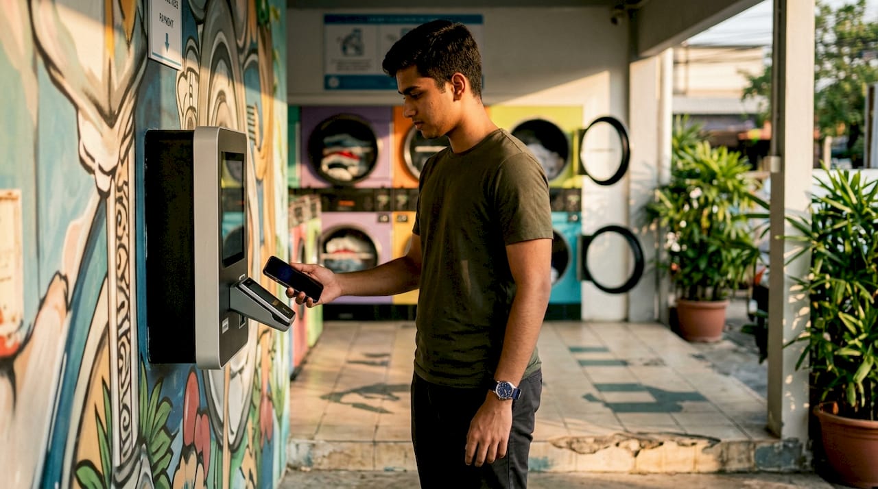 Customer using contactless phone payment at laundromat