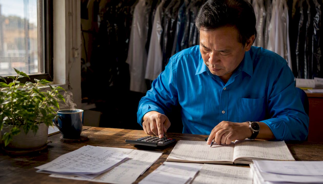 Owner calculating dry cleaning prices at desk