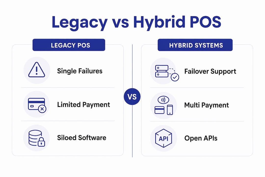 Infographic contrasting legacy and hybrid POS systems