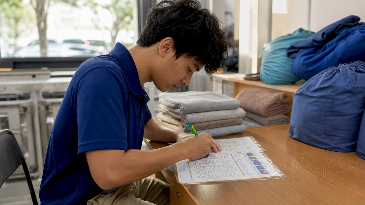 Attendant marking laundromat checklist