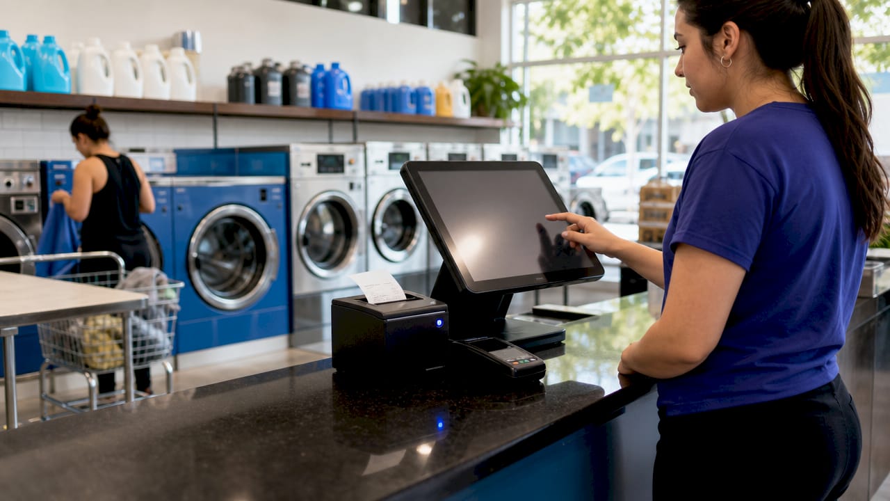 Close-up touchscreen POS hardware in laundromat