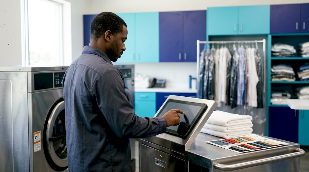 Hands operating iOS POS in dry cleaning plant