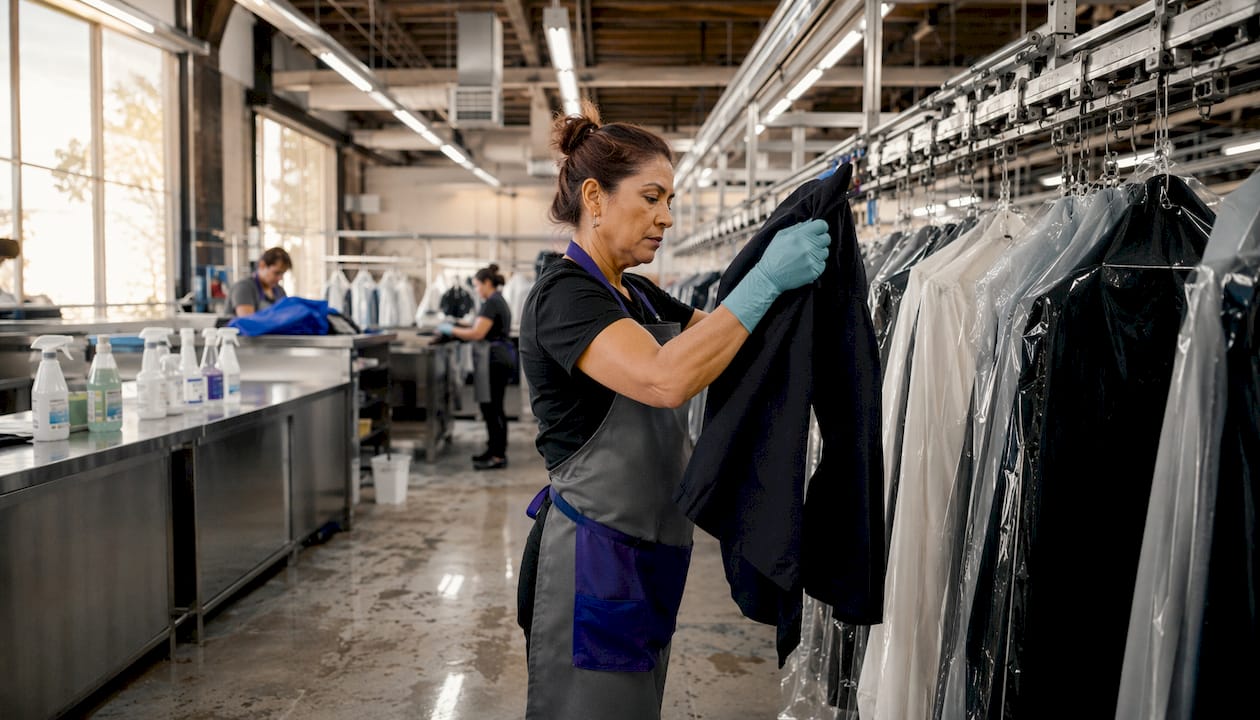 Operator inspecting garment on dry cleaning floor
