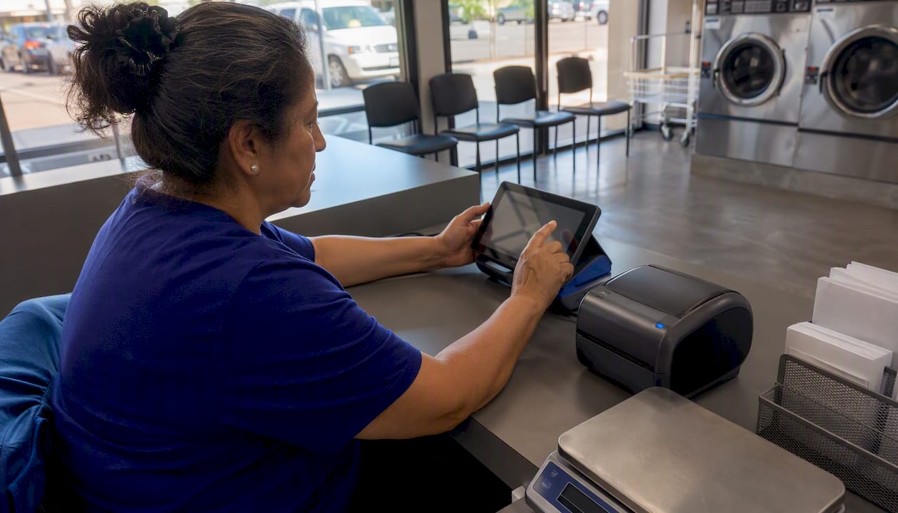 Laundromat owner testing POS system at counter