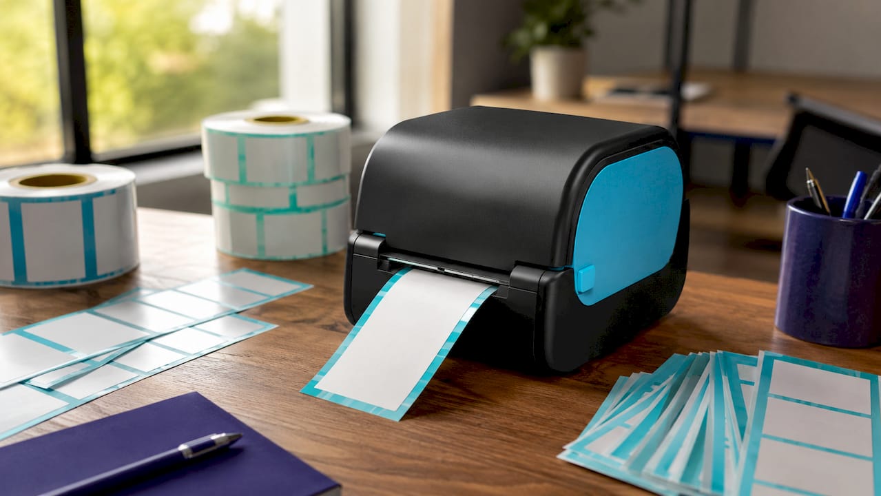 Close-up thermal label printer with labels