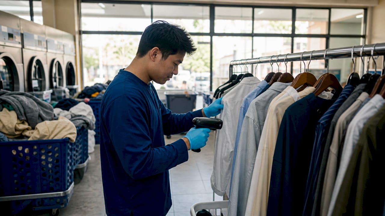 Staff scanning garments with RFID reader