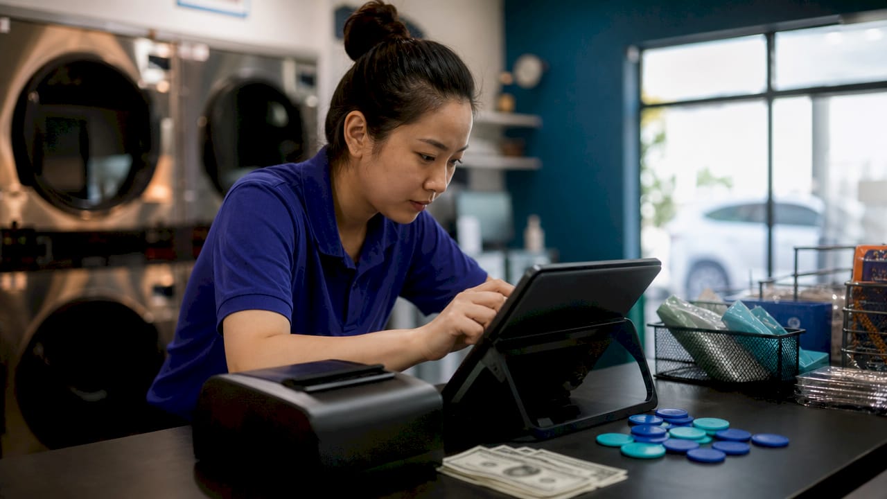 Attendant entering PIN on POS touchscreen