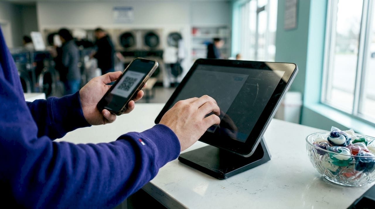 Hands using smartphone and POS terminal