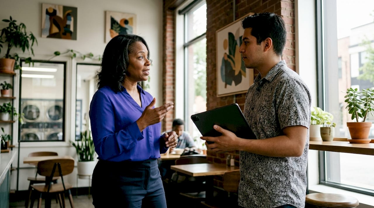 Laundromat operator discussing pricing with vendor