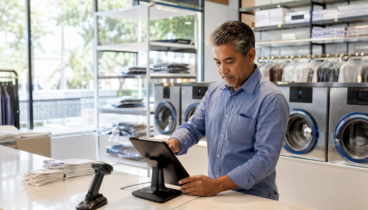 Hands using mobile POS tablet in dry cleaning back office
