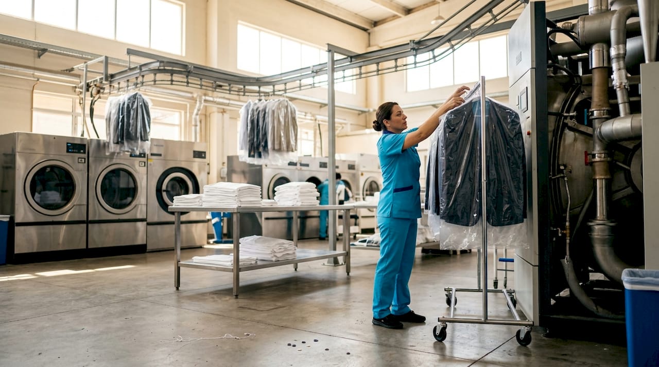 Worker sorting garments in commercial laundry facility