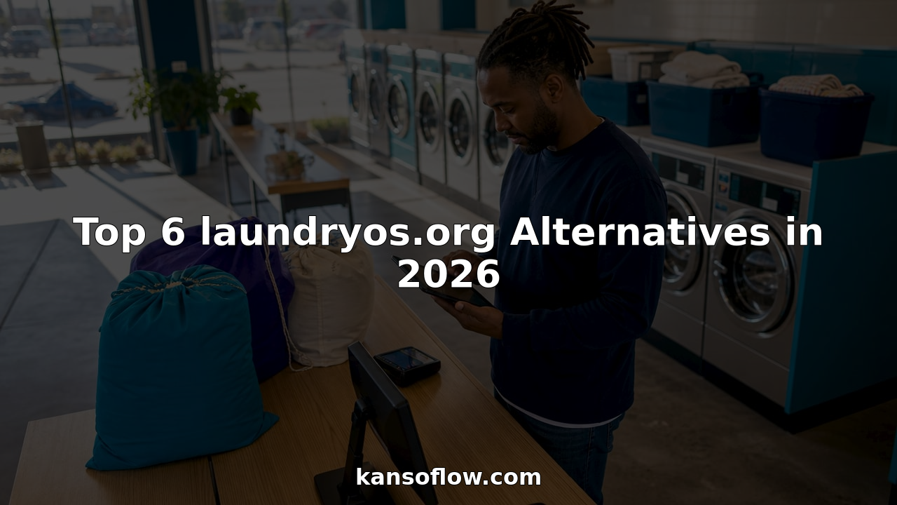 Laundromat owner reviewing POS device behind counter
