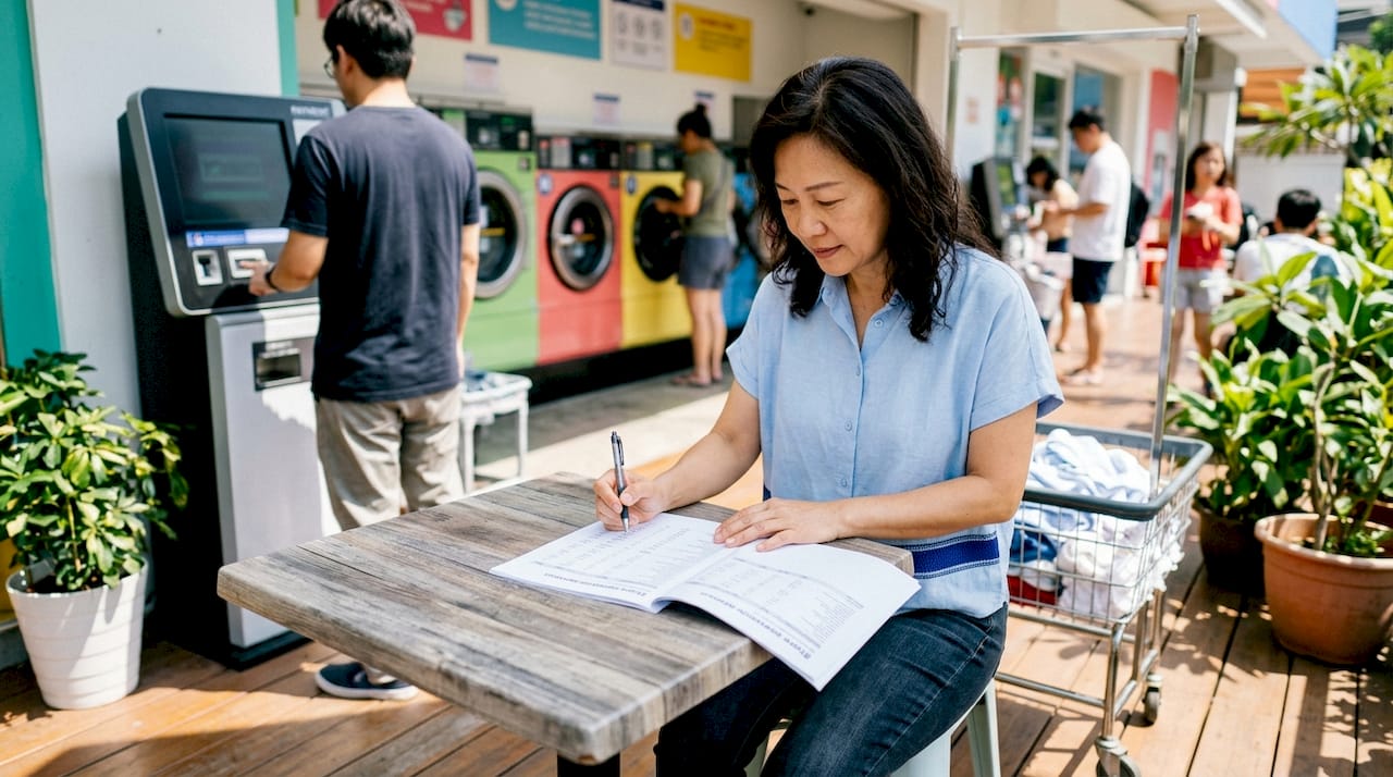 Laundromat owner reviewing business operations