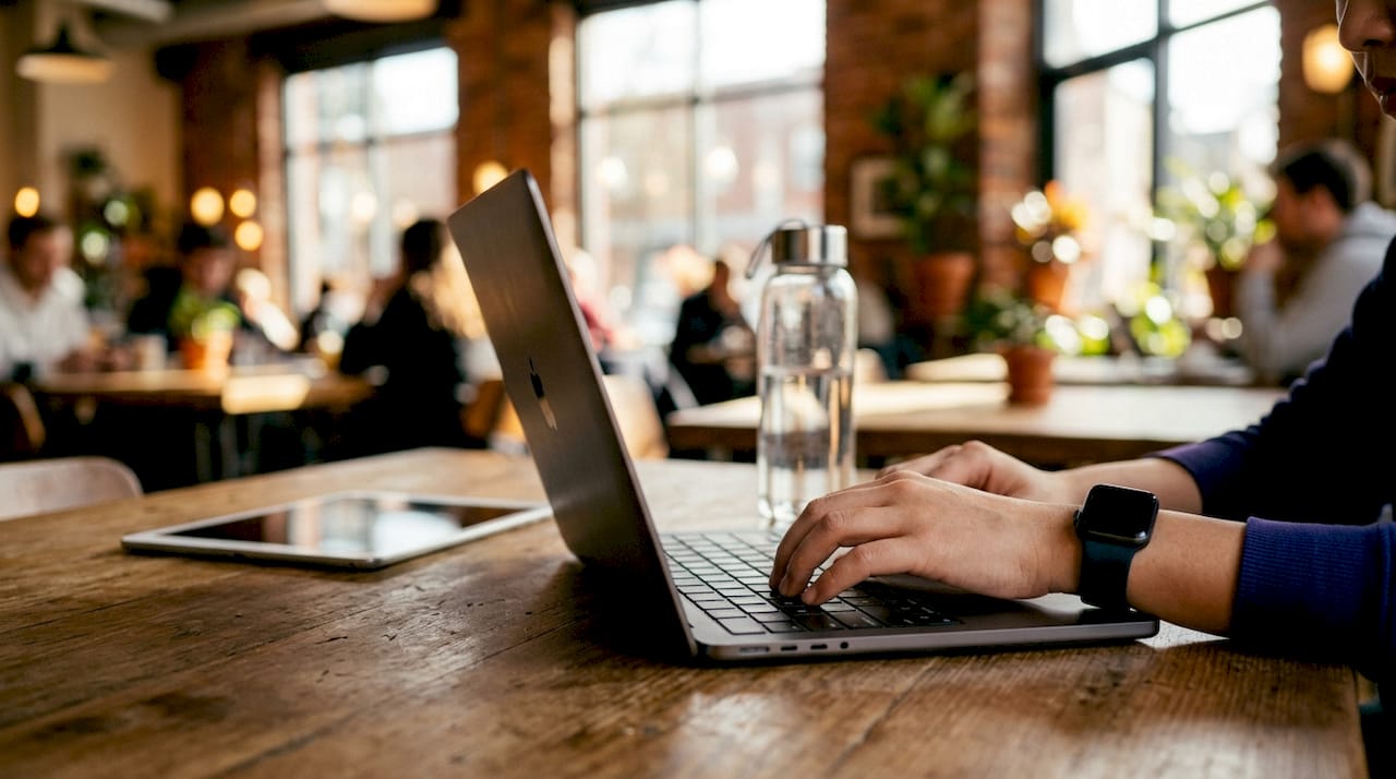 Hands typing on laptop managing laundromat network