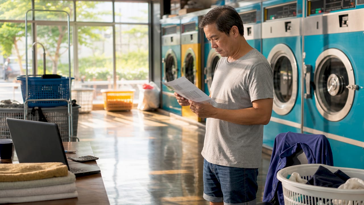Laundromat owner reviewing pricing strategy