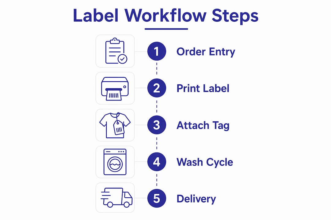 Infographic showing laundromat label workflow steps