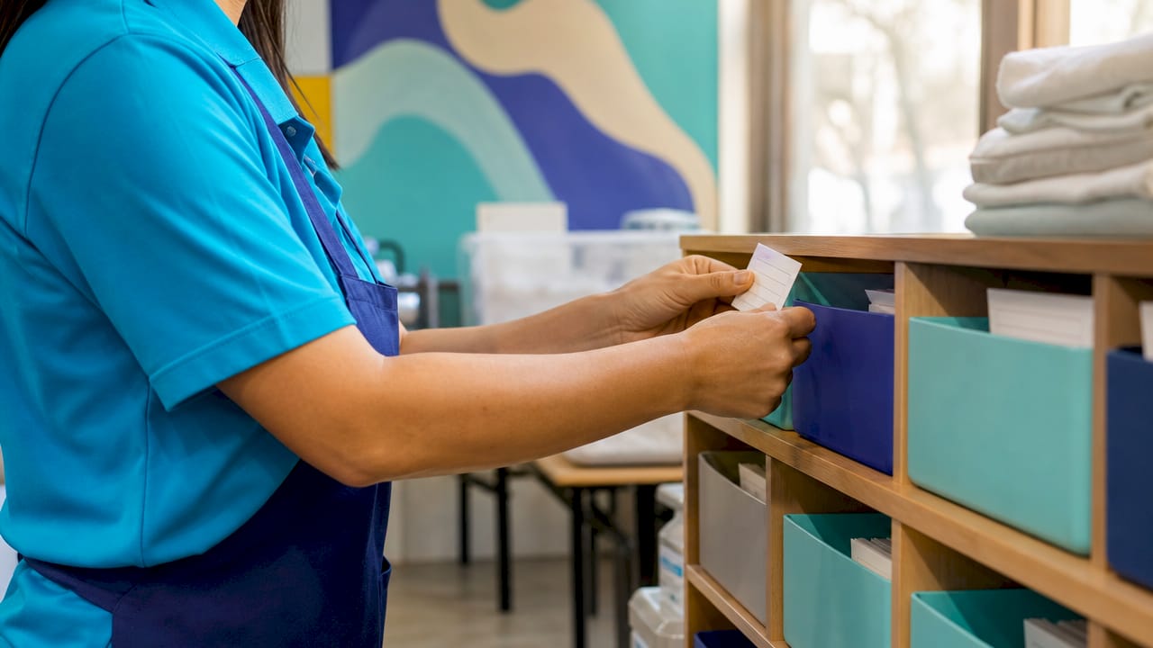 Hands moving laundry order card between labeled bins