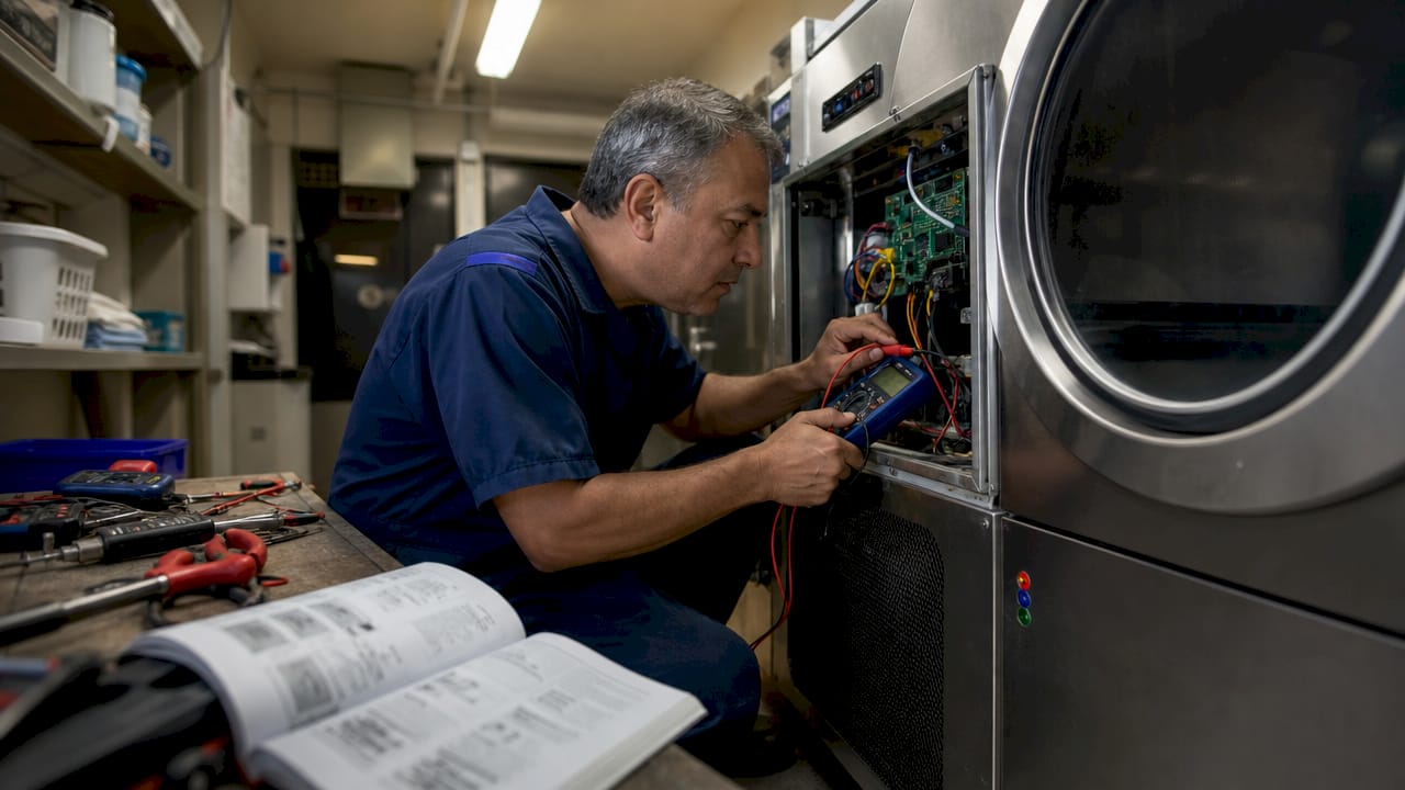 Hands testing laundromat dryer with multimeter