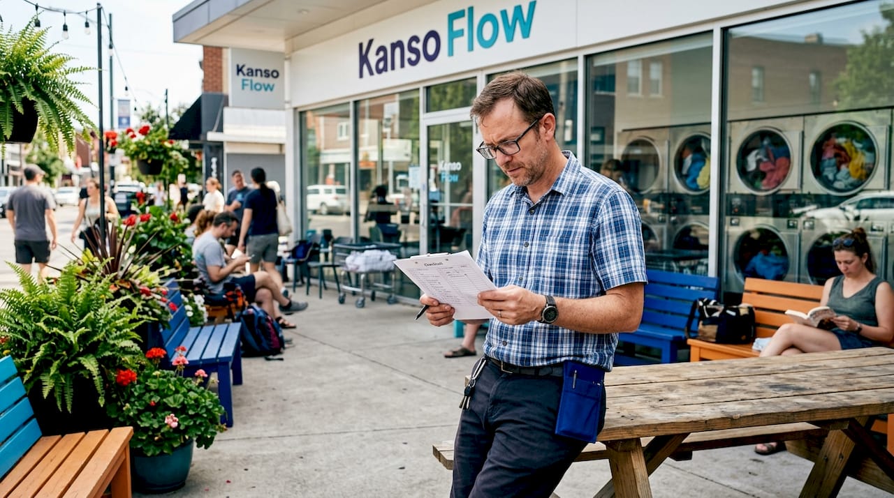 Laundromat operator reviewing checklist on clipboard