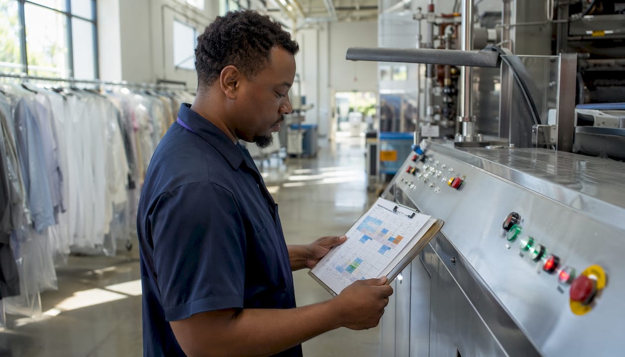 Technician typing schedule by dry cleaning equipment controls