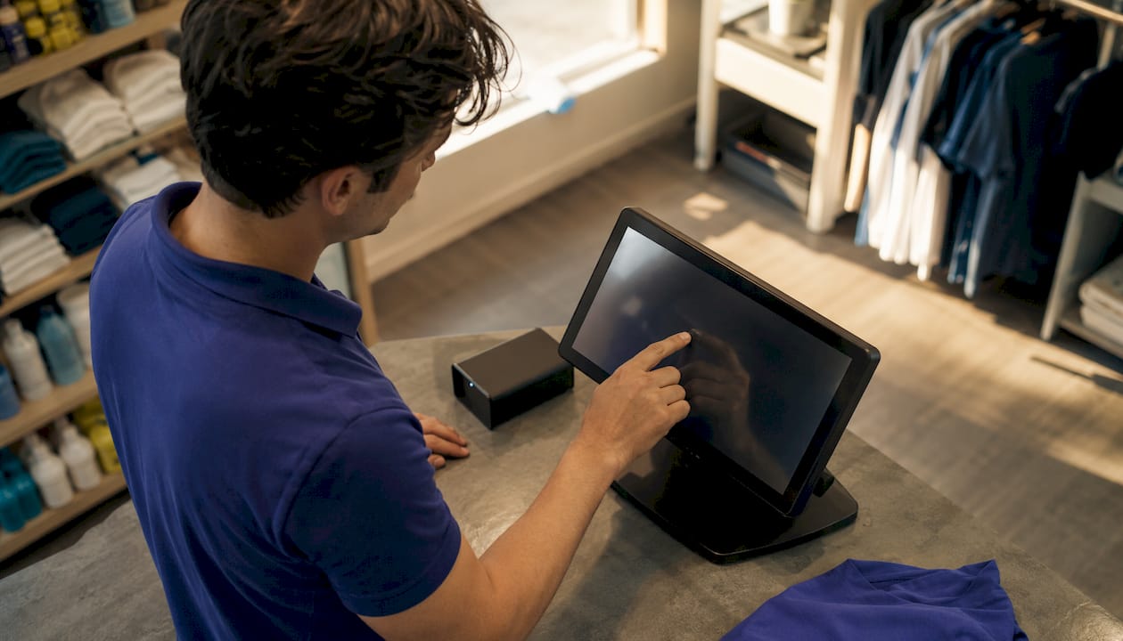 Hands operating POS terminal in laundry back office