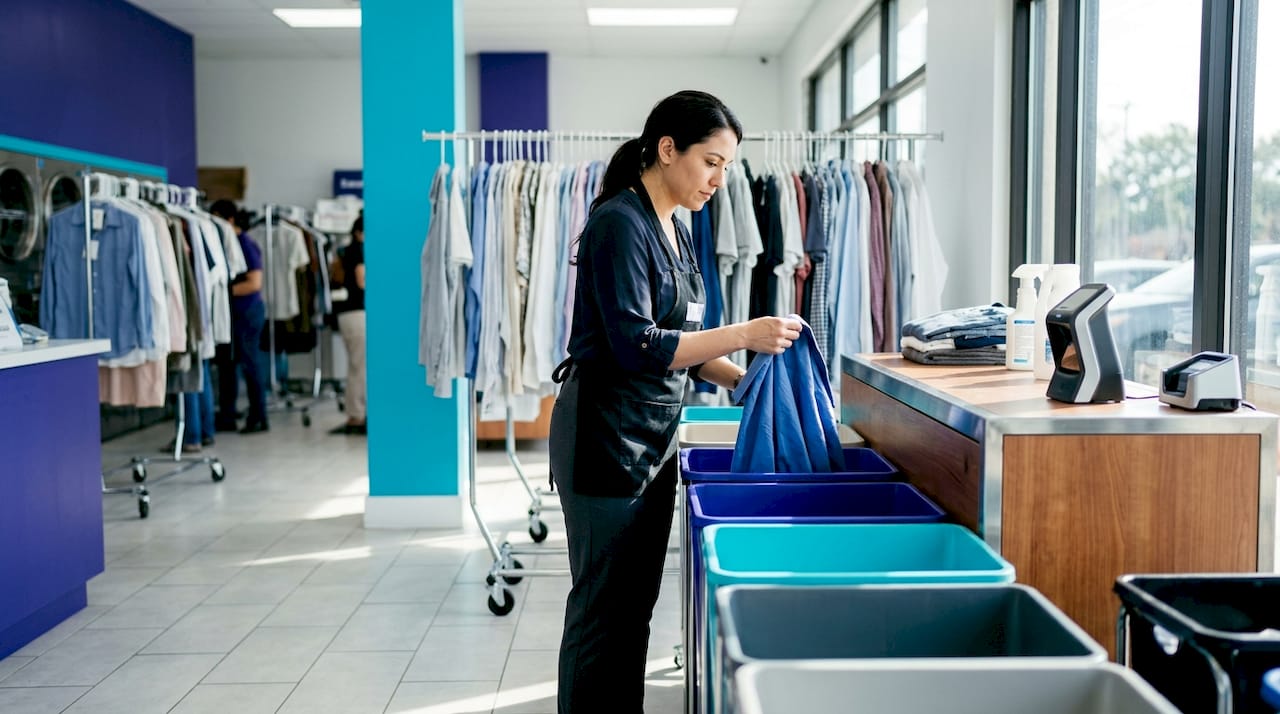 Manager sorting tagged laundromat garments