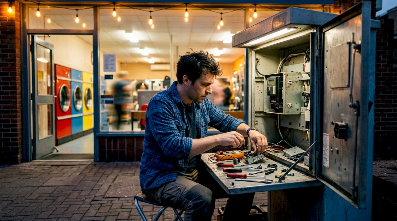 Technician replacing legacy card reader inside kiosk