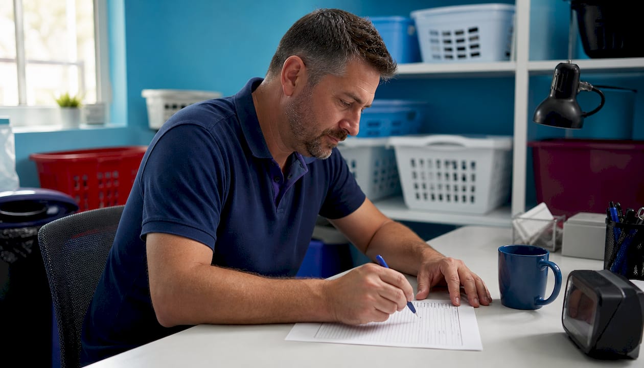 Laundromat manager reviewing operations checklist