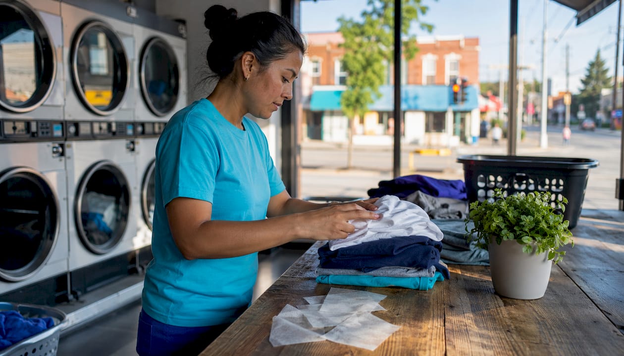 Hands folding laundry at laundromat drop-off