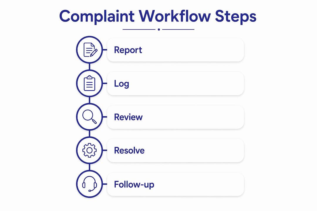 Infographic showing laundromat complaint workflow steps