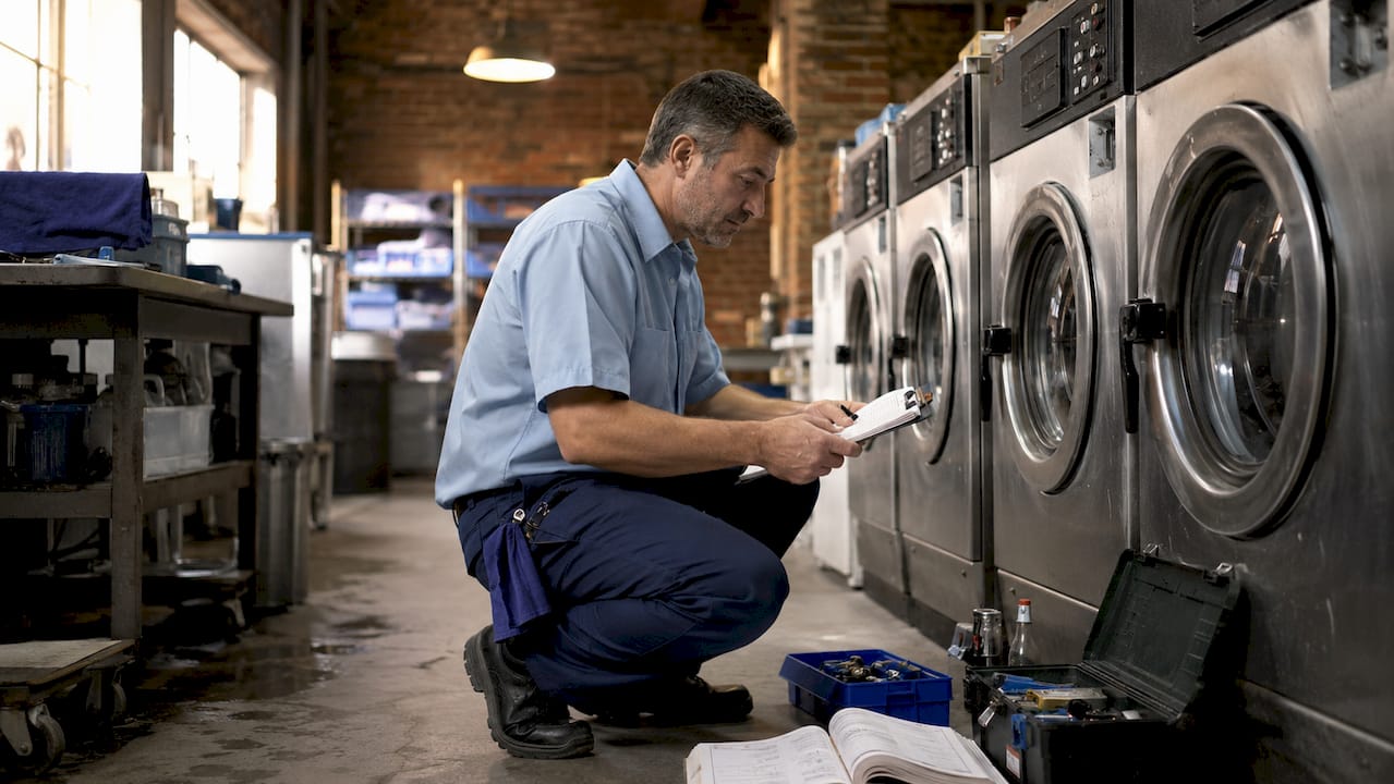 Technician inspecting commercial laundry machines