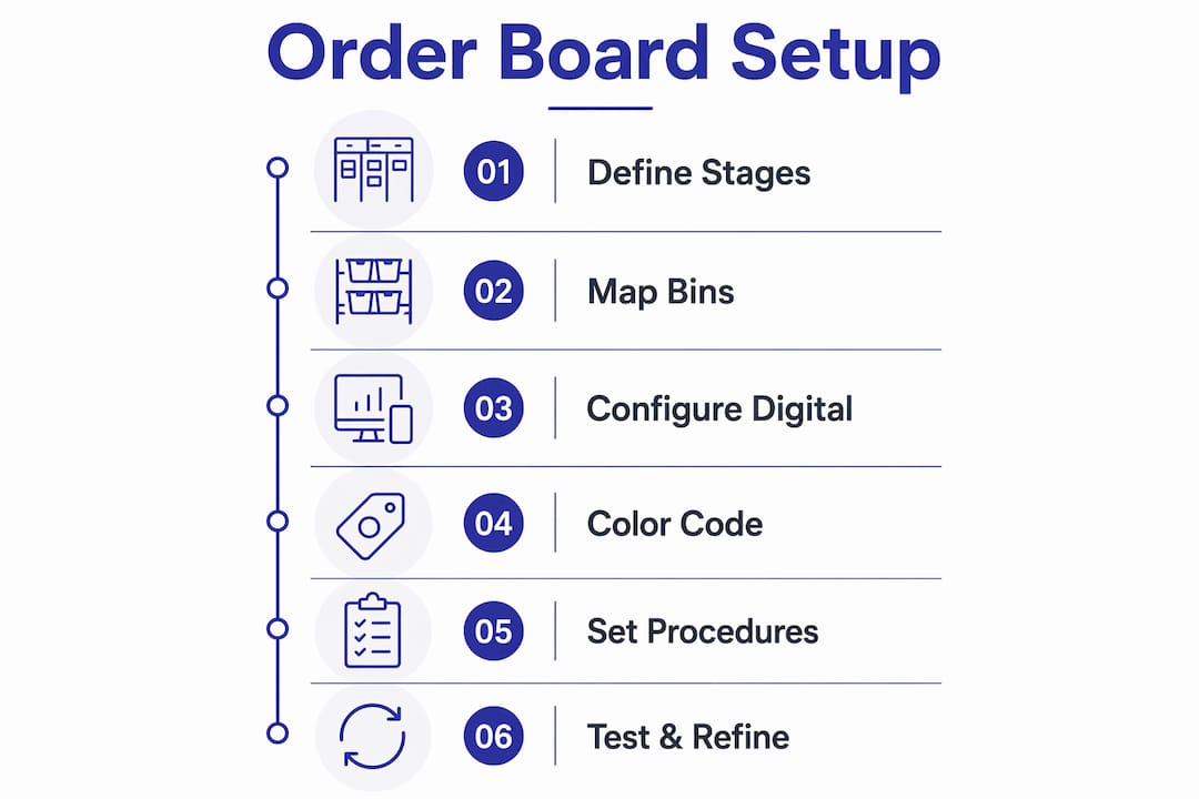 Infographic illustrating laundromat order board setup steps