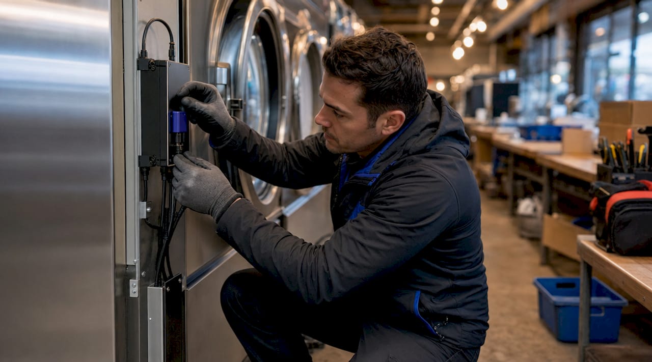Hands adjusting IoT telemetry on commercial washer
