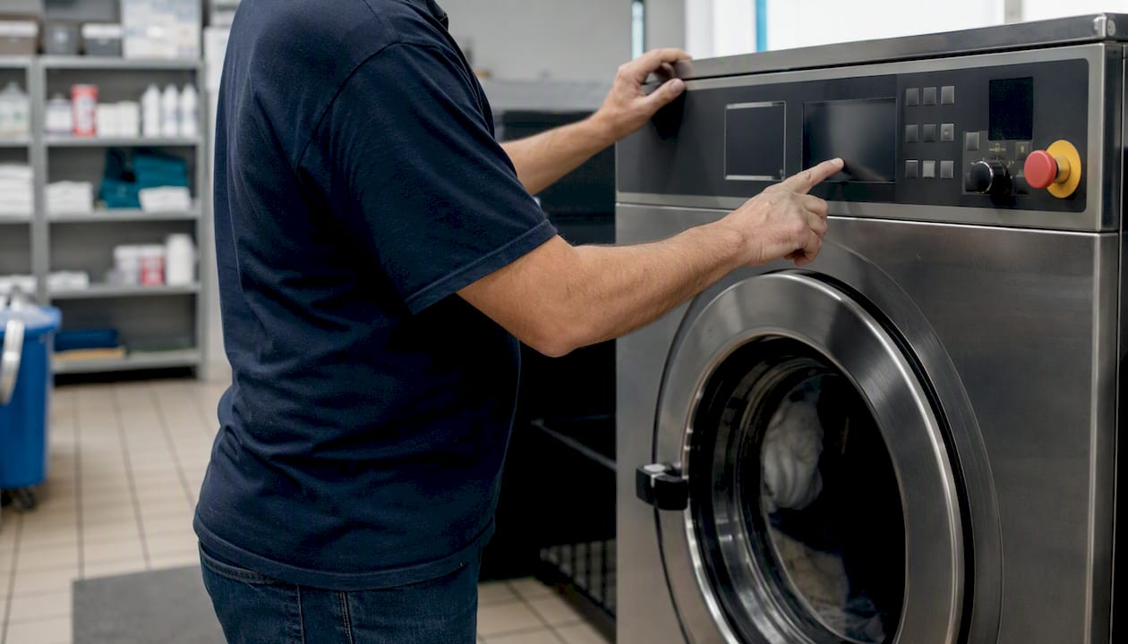Hands adjusting commercial washing machine controls