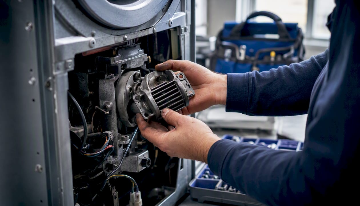 Technician hands repairing laundry machine part