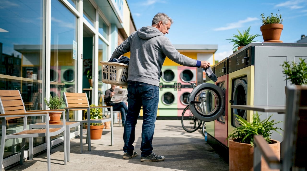 Customer loading clothes into laundromat washing machine