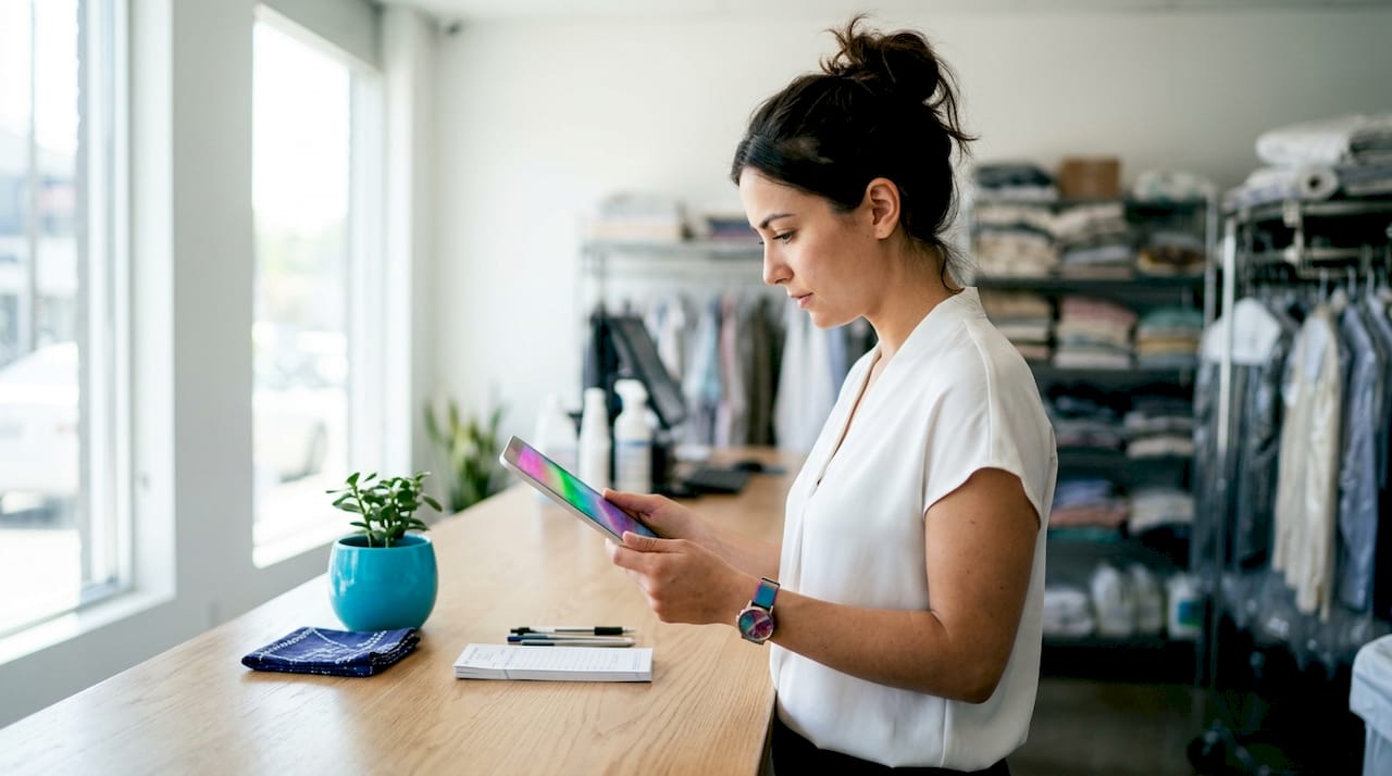 Supervisor using tablet in dry cleaning shop office