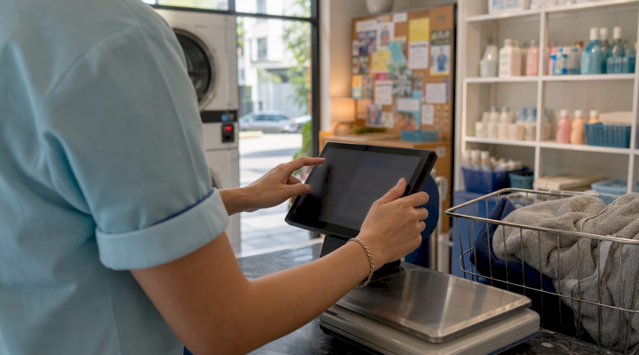 Attendant using touchscreen POS next to digital scale