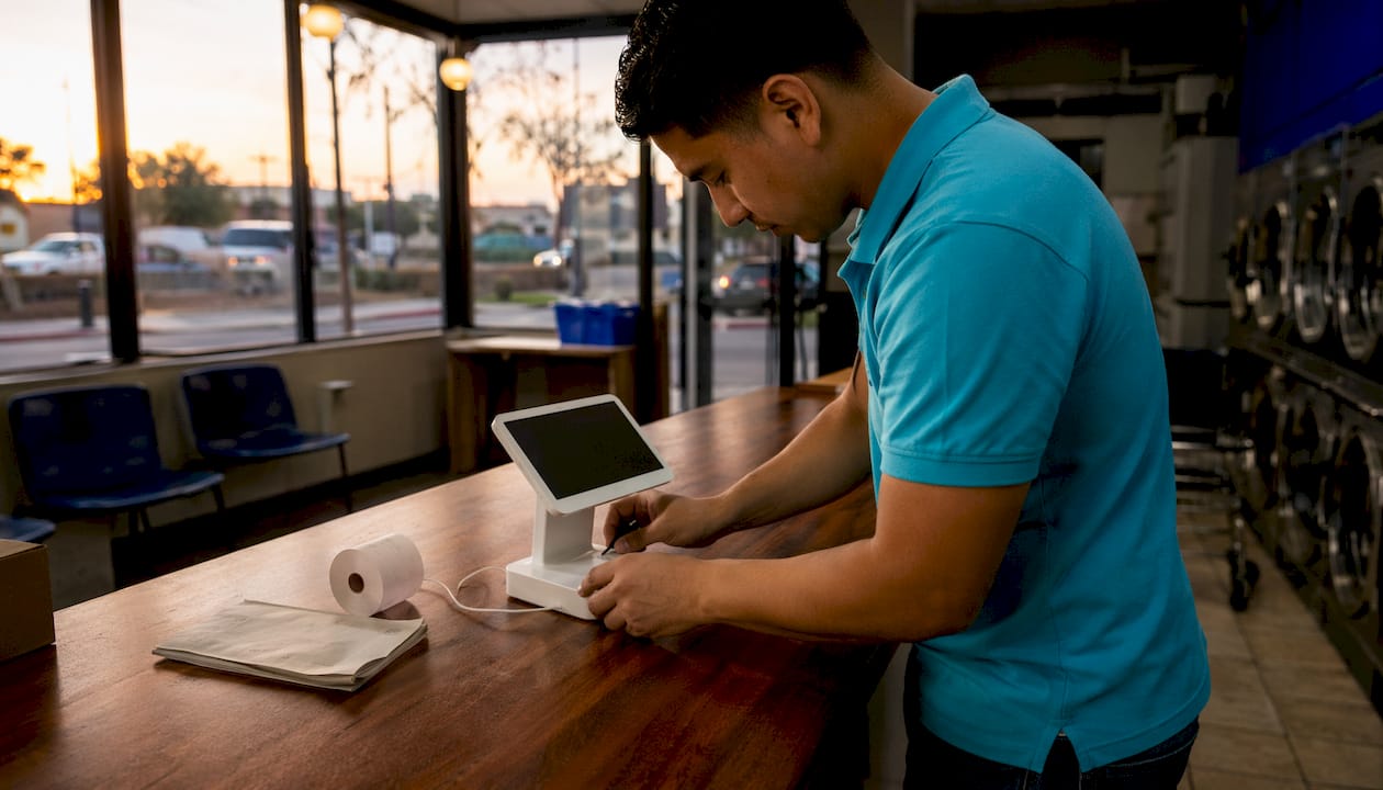 Technician installing Square payment terminal